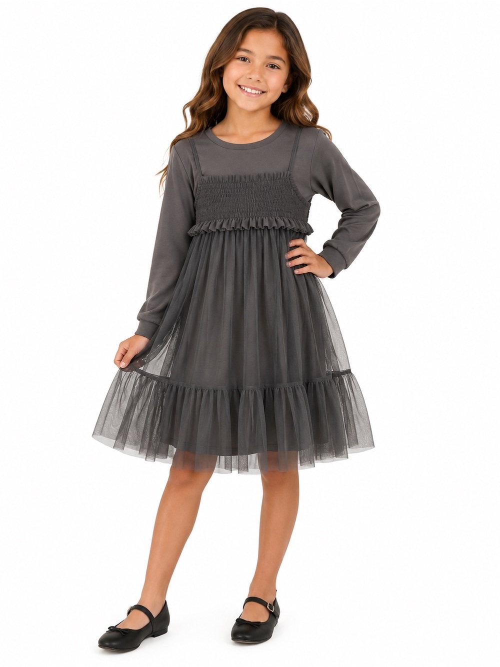 H&M Girls Charcoal Smocked Tulle Dress